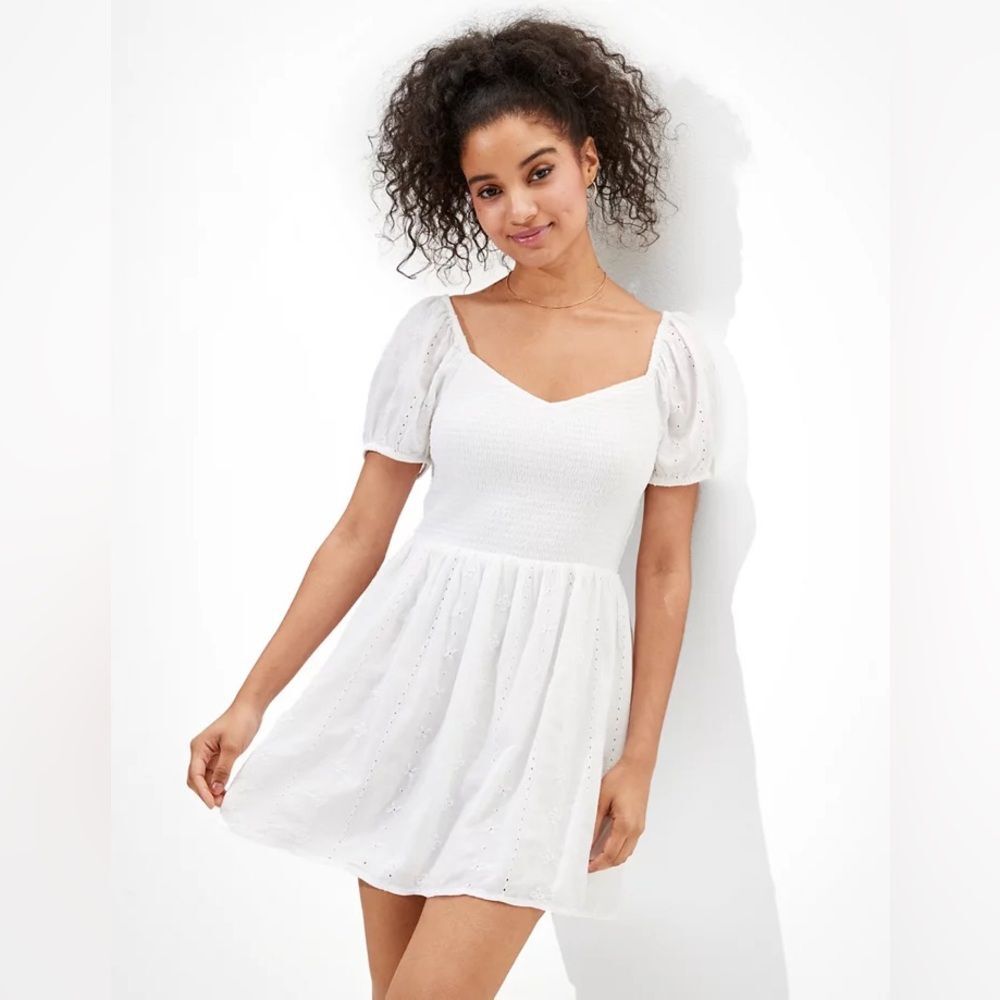 American Eagle Solid Eyelet Puff-Sleeve Mini Dress White XL